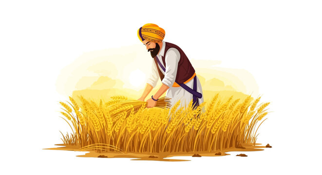 Celebrating Vaisakhi, a Sikh man in traditional attire harvests wheat in a sunny field, rendered with digital painting techniques against a bright white background, conveying a sense