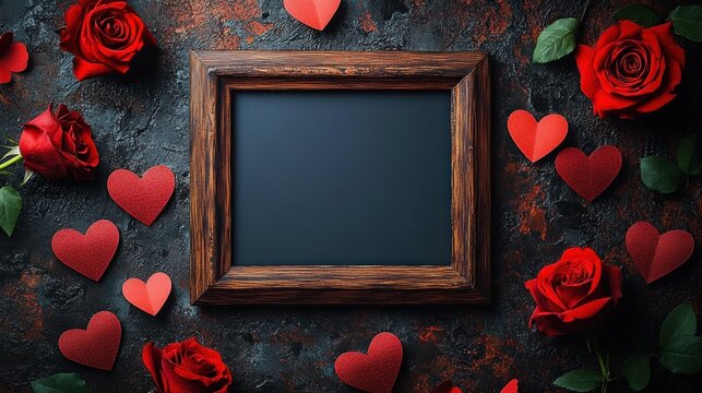 wooden picture frame with blank dark center surrounded by red roses and scattered red paper hearts on a textured dark surface, romantic and elegant mood