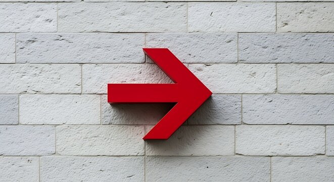 Minimalist 3D red arrow pointing right mounted on a modern light gray brick wall