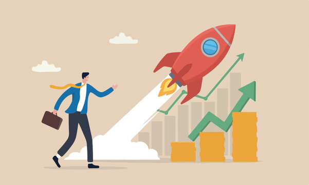 Success income big red rocket profit or growing pension fund, prosperity concept, rich businessman with coin stack and growth chart