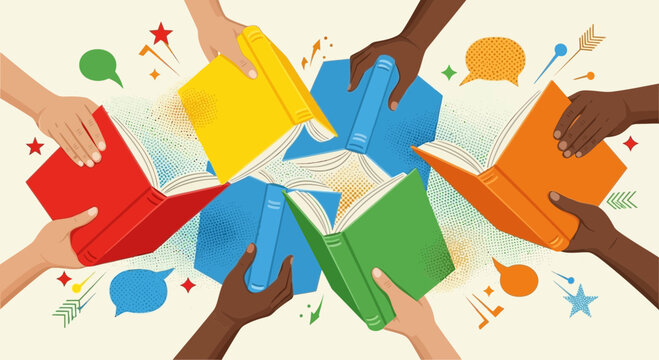 Diverse Hands Holding Colorful Open Books, Symbolizing Knowledge Sharing and Collaboration
