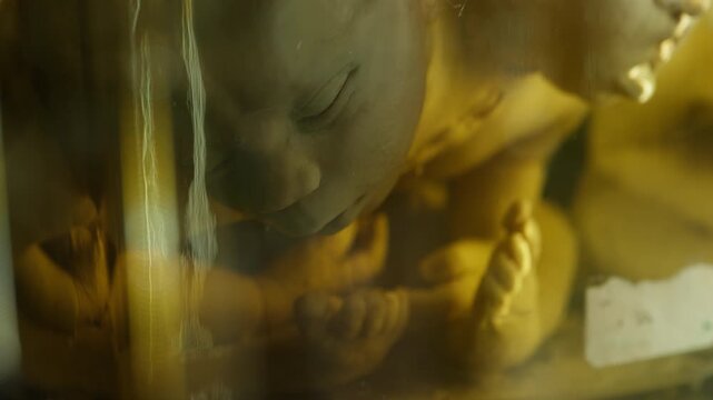 Exhibition of anatomical exhibits. A human infant with the pathological development of anencephaly
