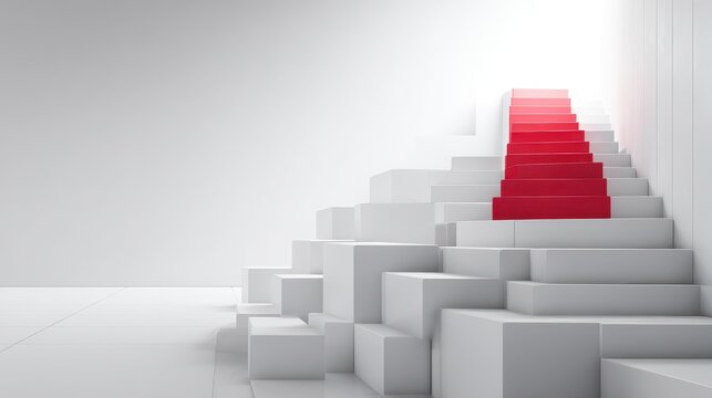 Stunning photo of abstract 3D render shows stairs. White steps lead upward. Red step stands out as next step. Modern design emphasizes progress, success. Blank space for product.