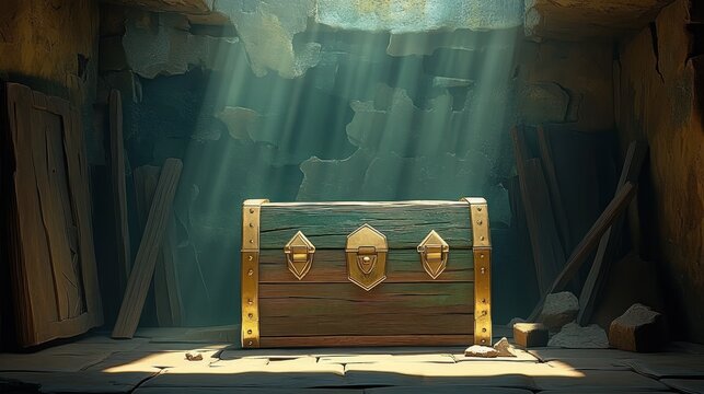 Weathered wooden treasure chest with brass fittings in a dim stone chamber, sunbeams piercing dust-filled air, leaning planks and rubble, mood of mystery and eager discovery