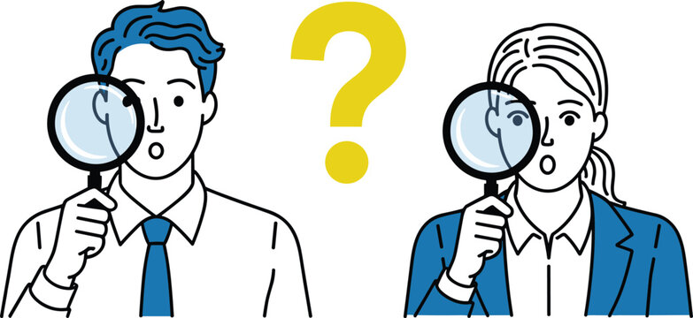 Curious business man and woman examining through magnifying glass with question mark concept of search, investigation and problem solving