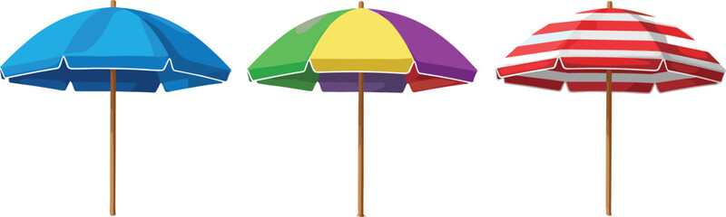 Colorful beach umbrellas set vector illustration with striped and multicolor parasols summer vacation seaside accessories isolated on white background © MstNadiya