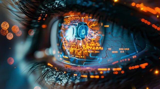 A close-up macro shot of a human eye with a glowing digital circuit in the iris and pupil. Artificial intelligence, futuristic vision, advanced technology.