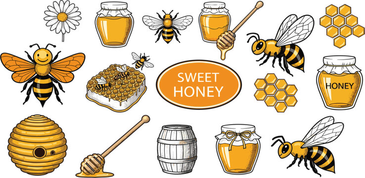 Sweet honey elements set with bees jars honeycomb hive dipper and flowers colorful beekeeping vector illustration collection