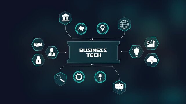 Business tech concept, futuristic interface with digital technology icons and corporate networking elements.