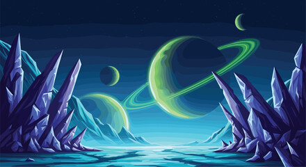 Fantasy alien planet landscape with rings crystals mountains and glowing sky futuristic space scenery vector illustration background © MstNadiya