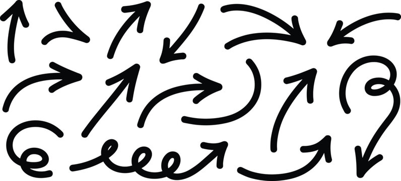 Hand drawn curved arrows collection set isolated on light background, sketch style directional elements for navigation, flow diagrams, creative design vector pack