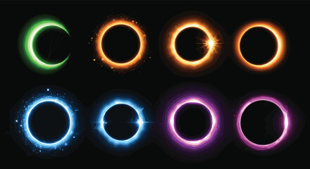 Glowing energy rings set neon magic circles fire electric light portals abstract effect collection vector illustration © MstNadiya