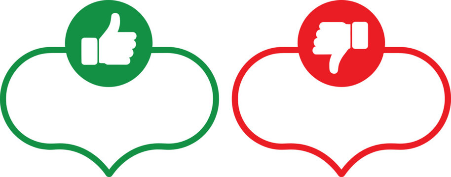 Like and dislike feedback speech bubbles with thumbs up thumbs down icons for customer review rating system