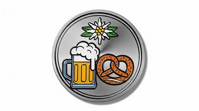 Metal badge shows a beer stein, edelweiss, and pretzel on a white background