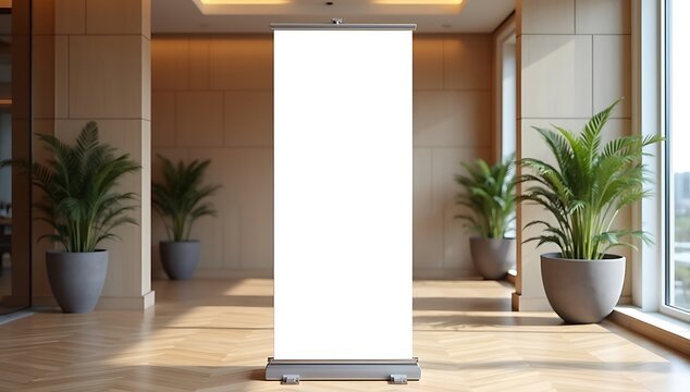 Blank Roll Up Banner Mockup in Modern Office Interior.