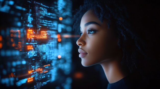 Person with curly hair and bare neck facing glowing blue and orange lines of code on a dark digital interface, conveying focus and immersion