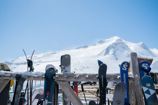 Snowboard equipment on top of the mountains in Tignes ski resort, French Alps