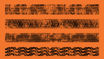 Fototapeta premium Horizontal grunge tire tracks on orange background, distressed vector 