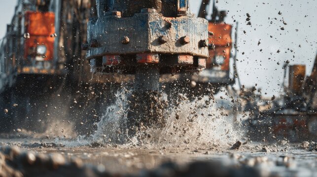 Stunning photo of close-up of a large drilling rig splashing water and mud during borewell excavation at an industrial construction site.