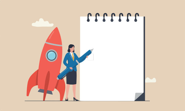 Self assessment for big red rocket personal development or work improvement concept, woman giving check on checkbox in achievement notepad paper