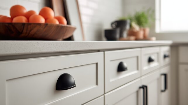 Stunning photo of close-up of white shaker-style kitchen cabinets with modern matte black hardware and round knobs.