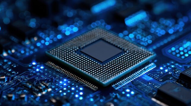 Stunning photo of concept CPU microchip for ai and data network. Close-up view of modern chip gpu card with circuit blue neon lights.