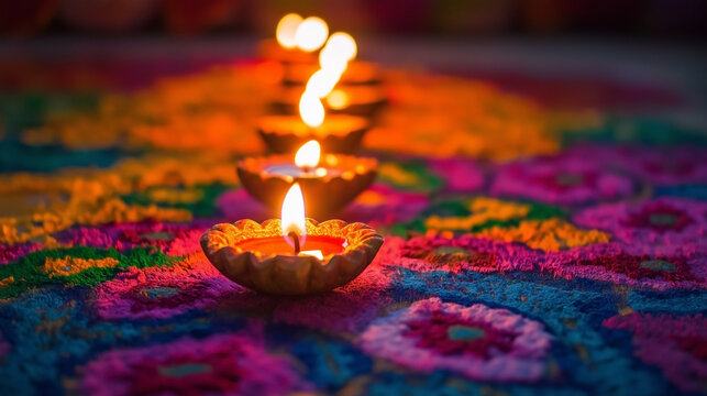 Burning diya lamps on colorful rangoli pattern for Diwali festival celebration.