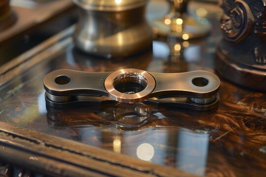 Elegant cigar cutter with copper colored ring resting on glass tabletop, reflecting light and other objects