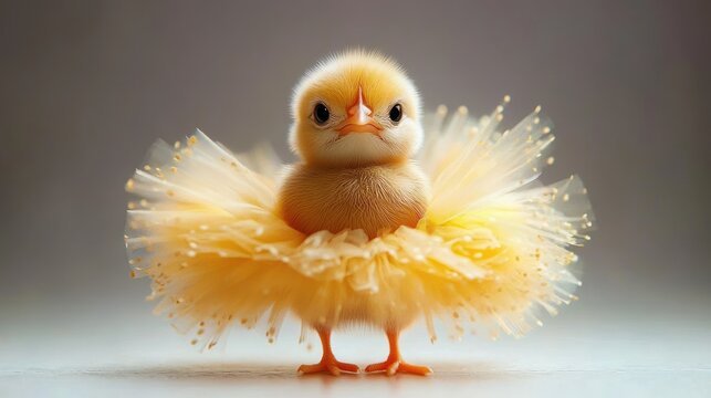 fluffy yellow chick with pixelated head and frilly feathery tutu standing on tiny orange feet, soft lighting and whimsical adorable mood
