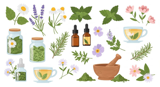 Herbal Remedy Vector Set with Medicinal Plants Leaves Oils Teas and Mortar Pestle &ndash; Organic Wellness Clipart Pack