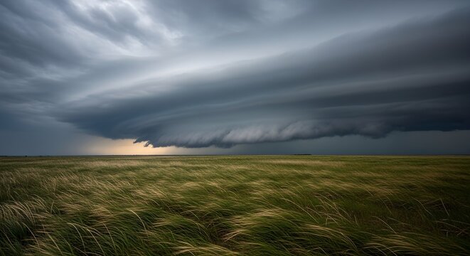 A massive, dark storm cloud looms over a vast, windswept green field. The expansive green landscape stretches beneath an imposing, stormy weather system.
