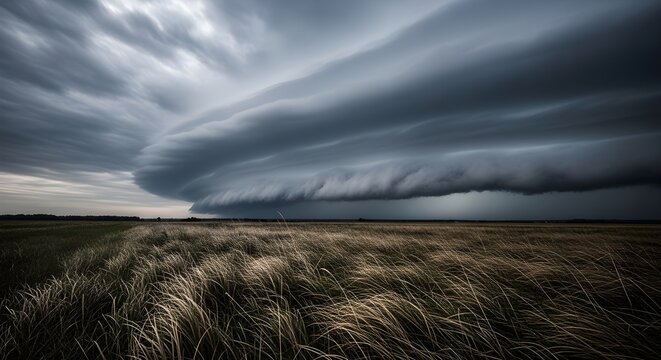An immense, dark storm cloud dominates the sky above a windswept field. A dramatic supercell looms over the expansive, golden grasslands, signaling approaching weather.