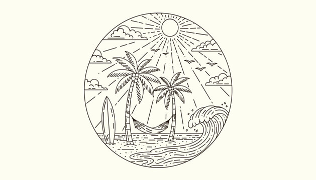 Vector summer beach landscape with palm trees, hammock, surfboard and ocean waves in a circular frame, hand drawn vector illustration