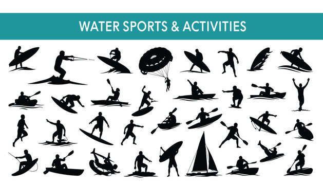 Vector set of water sports and activities silhouettes isolated on white background