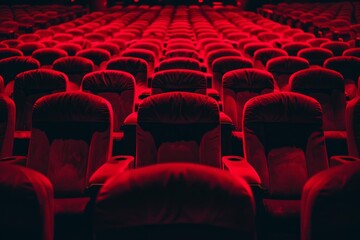 Fototapeta premium Rows of comfortable red velvet seats illuminated by dim lights in an empty cinema, ready for a movie screening
