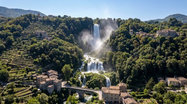Breathtaking Marmore Falls and Ancient Italian Village Aerial View