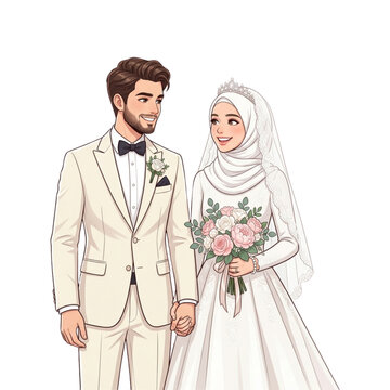 Eternal Union: Elegant Muslim Wedding Couple Illustration