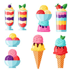 Colorful Ice Cream Desserts Collection: Cones, Parfaits and Sundaes © rahma