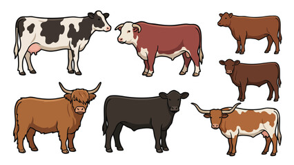 Cattle Breeds Illustration Set Farm Cow Bull Livestock Collection © welyalfian