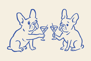 Obraz premium French bulldogs with cocktails naive sketch vector illustration