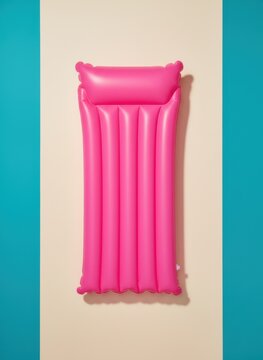 Hot pink inflatable pool float mattress laying overhead on a cream and teal background for summer catalog, travel advertising and swimwear brand marketing campaigns