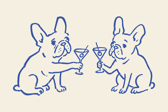 French bulldogs with cocktails naive sketch vector illustration