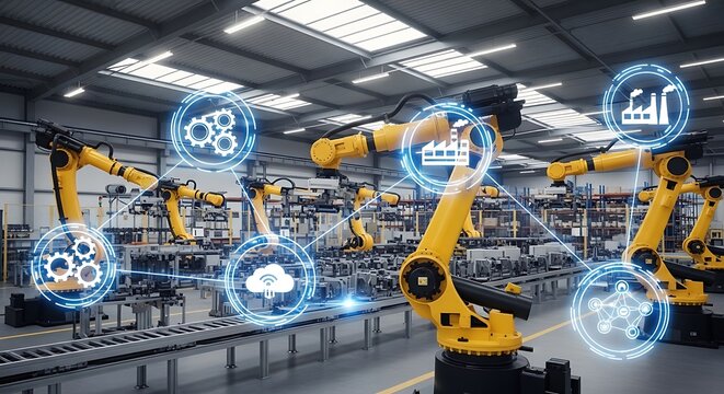 Robotic arms at work in a modern factory setting, with futuristic digital interface