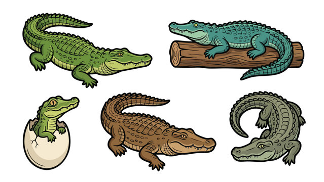 Crocodile Vector Illustration Set with Different Poses and Baby Hatchling