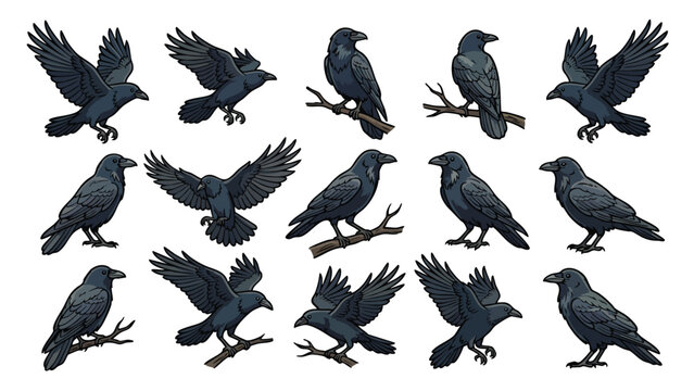 Crow Vector Set with Multiple Flying and Perched Poses Collection