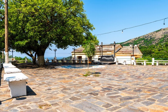 Arethousa, Greece mountain village near Karavostamo with music concert stage square on Ikaria island