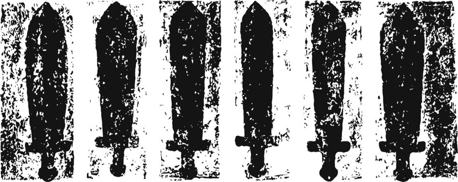 Grunge silhouette set of seven medieval knives and daggers with textured distressed effect