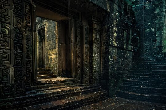 Rain is falling on the mysterious and evocative angkor wat temple, showing its bas reliefs, stairs and columns
