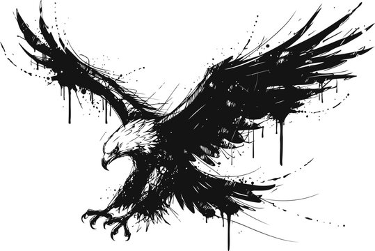 Black ink splash eagle illustration with spread wings landing or hunting, tribal tattoo design