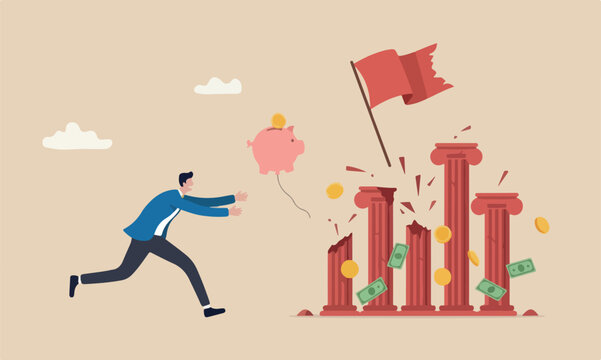 Loss pillars, financial problem or losing all savings pension concept, businessman running trying to catch flying deflate bank balloon